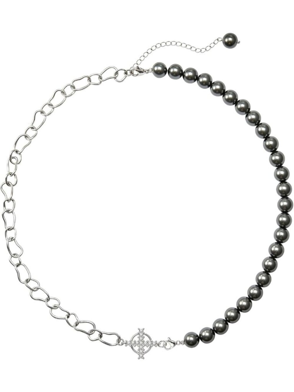 Y2K Gothic Black Pearl Cross Pendant Necklace, Asymmetrical Beaded Choker